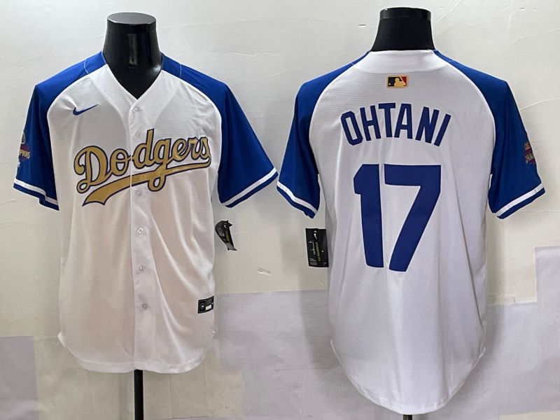 Men Los Angeles Dodgers #17 Ohtani White Blue Champion gold character Nike 2025 MLB Jersey style 50510->los angeles dodgers->MLB Jersey